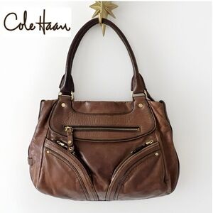 COLE HAAN Brown Distressed Leather Boho Satchel Bag Pockets